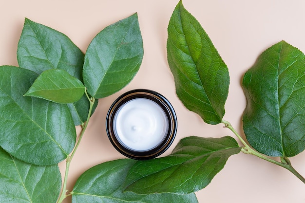 Fundo bege com folhas frescas de ervas e produtos cosméticos para a pele em frasco de vidro âmbar creme botânico máscara facial tratamento de beleza à base de plantas postura plana