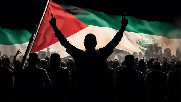 Foto fundo bokeh da bandeira da palestina com símbolo islâmico da vitória