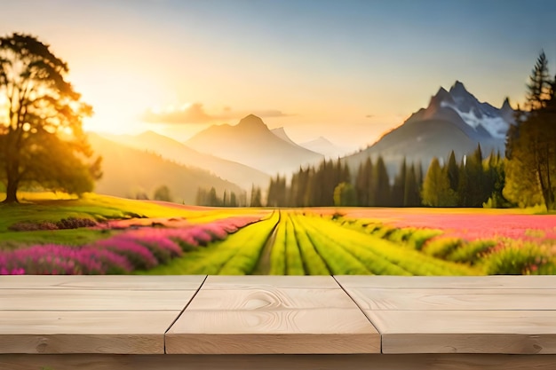 fundo bokeh de prado verde com mesa de madeira vazia para exibição de produtos natureza borrada