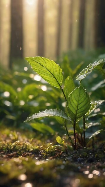 Fundo bokeh natural com plantas florestais e orvalho