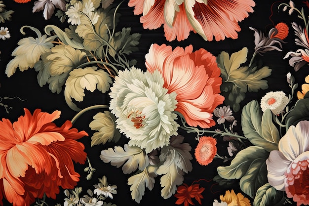 Fundo bonito e elegante de tecido floral representando flores de primavera em um pano de fundo preto Generative AI