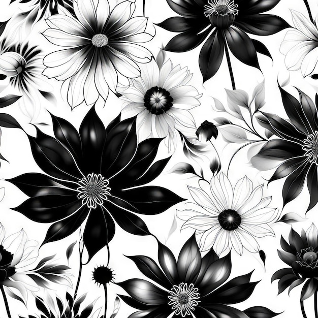 Fundo botânico de luxo com flores minimalistas em preto e branco na moda sobre um fundo branco