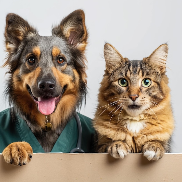 Foto fundo branco cão feliz em esfregão médico e gato segurando um quadro branco claro