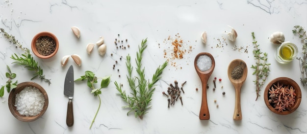 Foto fundo branco com especiarias, ervas e utensílios em um cenário alimentar