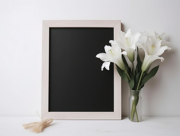 Fundo branco com moldura em branco e flores de lírio