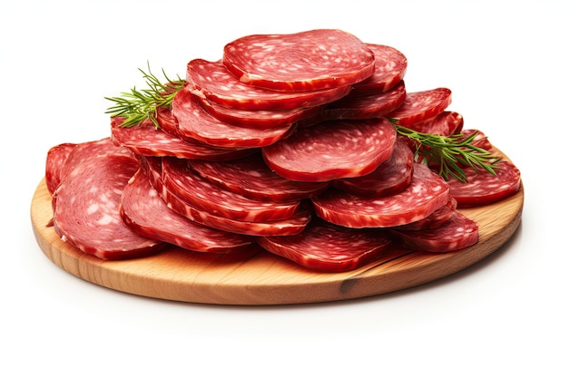 Fundo branco com salame fatiado defumado