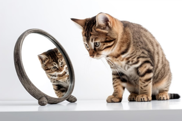 Fundo branco com um gatinho segurando um espelho gatinho observa o reflexo de um tigre em um espelho