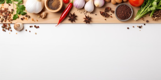 Foto fundo branco com vegetais e especiarias de tabuleiro de cozinha em cima de uma superfície de madeira de cima