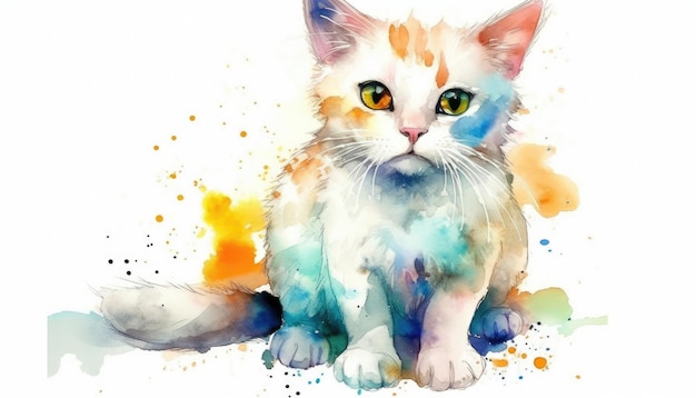 Fundo branco de gato fofo aquarela com ai generativo