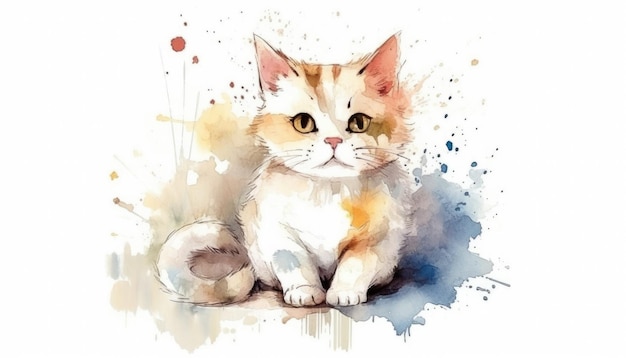 Fundo branco de gato fofo aquarela com ai generativo
