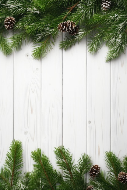 Fundo branco de madeira de Natal ou Ano Novo com ramos de abeto e pinhas em cima e em baixo com espaço para minimalismo de texto