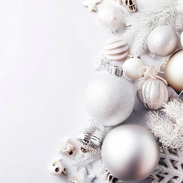 Foto fundo branco de natal com bolas de natal e decoração