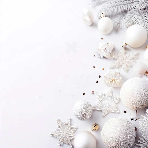 Foto fundo branco de natal com bolas de natal e decoração