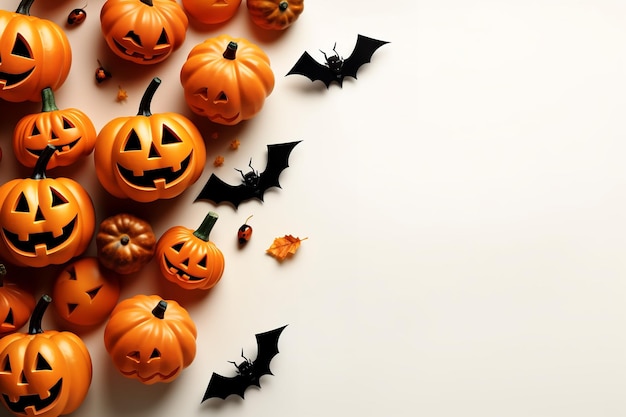 fundo branco design de halloween jack o lantern e quadro de morcegos