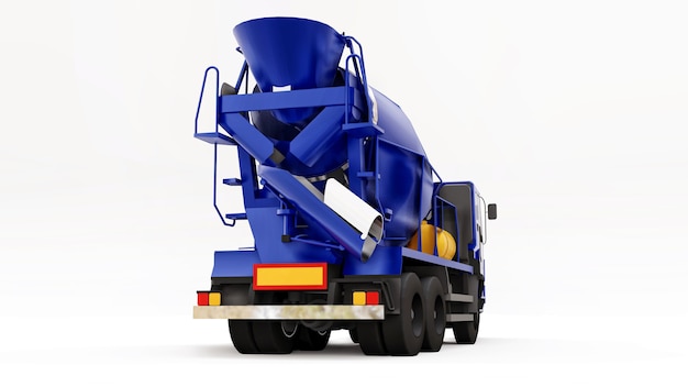 Fundo branco do caminhão misturador de concreto azul. ilustração tridimensional de equipamentos de construção. renderização 3d.