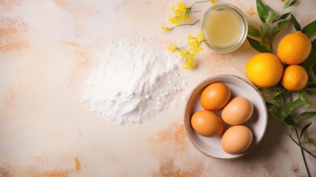 Fundo branco e amarelo com farinha e outros ingredientes fatias de ovo ovos frescos leite e bunda