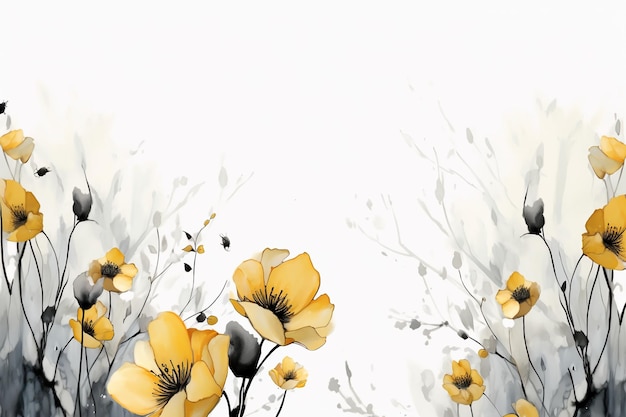 fundo branco flores amarelas ramos pretos e cinzentos papel de parede de tinta