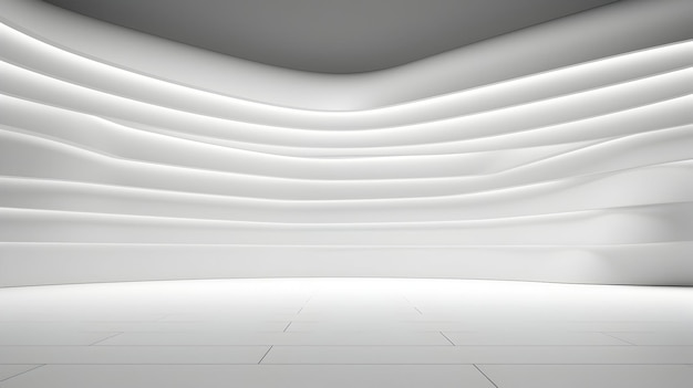 Fundo branco minimalista para apresentação de parede vazia com iluminação e pedestal para um produto