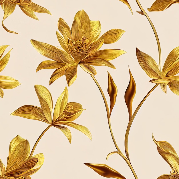 Fundo branco sem costura com flores douradas. Ilustração digital