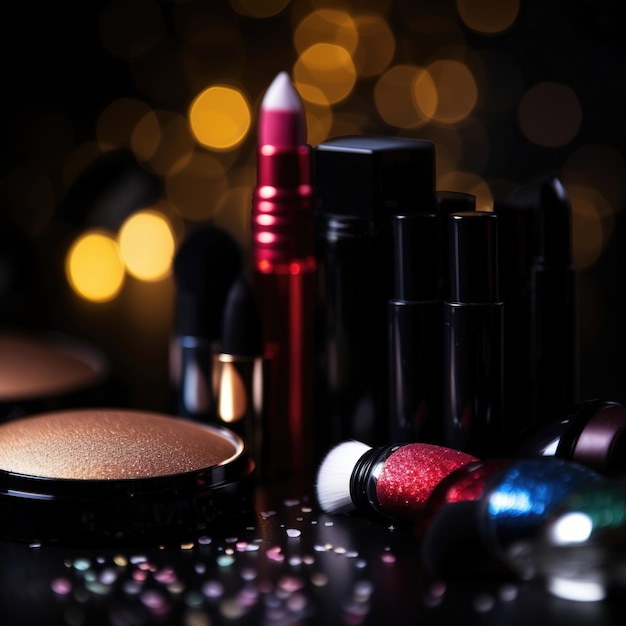 Foto fundo brilhante colorido abstrato com produtos de maquiagem profissional geração ai