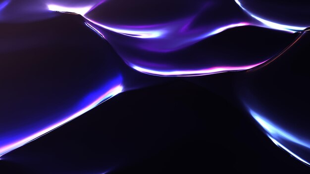 Fundo brilhante da onda de néon da noite. a renderização 3d de água escura abstrata espirra com brilho roxo de luzes futuristas urbanas. brilho brilhante com reflexos de synthwave e efeitos eletro cyberpunk.