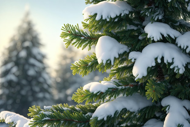 Fundo brilhante de inverno com ramos de pinheiro nevado ao sol Fundo brilhante natural ai generative