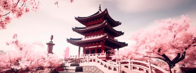 Fundo chinês rosa com flores de sakura e templo chinês generative ai