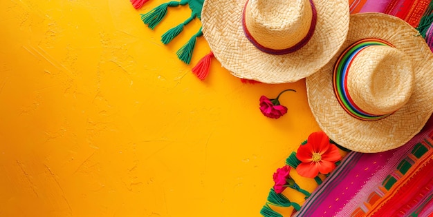 Fundo Cinco de Mayo amarelo brilhante com chapéu sombrero mexicano e flores