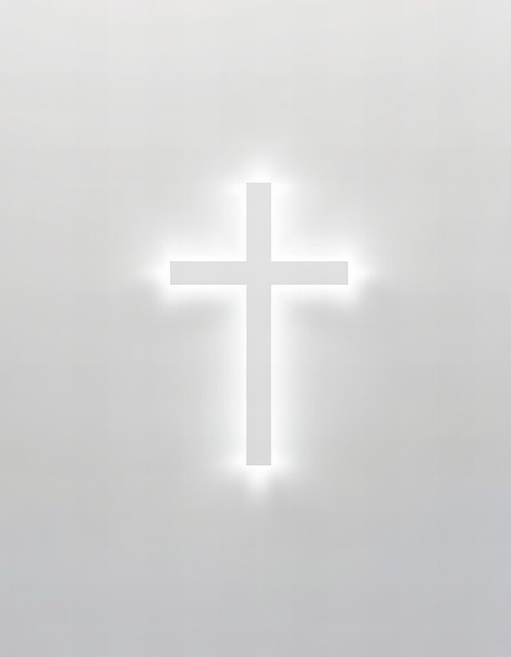 Foto fundo cinza claro com uma cruz branca brilhante cercada por padrões fracos de luz