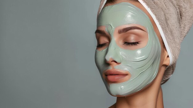 Fundo cinzento isolado com mulher de beleza recebendo uma máscara facial