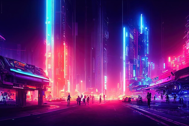 Fundo colorido da cidade do metaverso Cyberpunk Arte conceitual Pintura digital Ilustração de fantasia