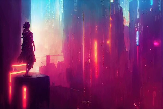 Fundo colorido da cidade do metaverso Cyberpunk Arte conceitual Pintura digital Ilustração de fantasia