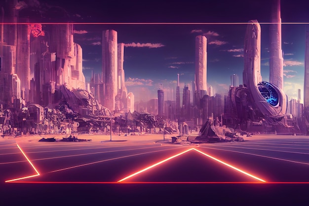 Fundo colorido da cidade do metaverso Cyberpunk em estilo anime Arte conceitual Pintura digital Ilustração de fantasia