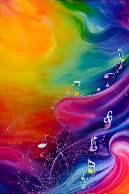 Fundo colorido da música com um arco-íris e notas musicais