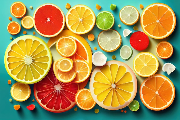 Fundo colorido das fatias de frutas cítricas de verão Generative Ai