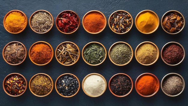 fundo colorido de especiarias vista superior condimentos e ervas para comida indiana