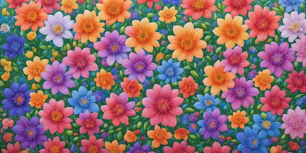 Fundo colorido de muitas flores pintadas de diferentes tipos e folhas verdes Ilustração da natureza Generative AI