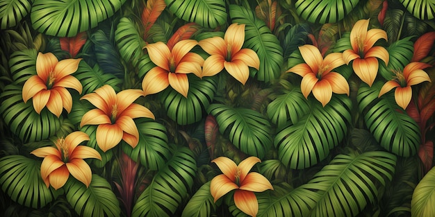 Fundo colorido de muitas flores tropicais exóticas pintadas de diferentes tipos e folhas de palmeira verde Ilustração de natureza intocada da selva tropical Generative AI