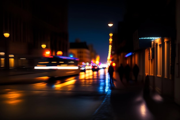 Fundo colorido de rua noturna com carros de luz borrosos e lâmpadas de rua Fundo abstrato de luzes desfocadas na vida da cidade Conceito de fundos de paisagem urbana para design Copiar espaço de texto