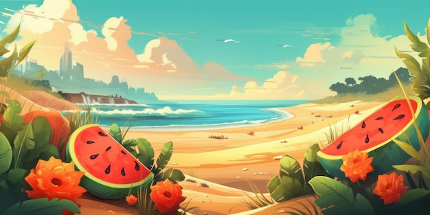 Fundo colorido do horário de verão com IA generativa de frutas tropicais