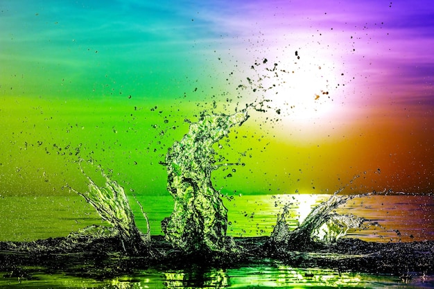 Foto fundo colorido do respingo de água do arco-íris ao pôr do sol conceito de papel de parede fresco e legal