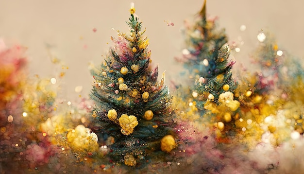 Fundo colorido festivo abstrato com árvores de Natal e decorações de Ano Novo Fundo dourado para um cartão festivo de inverno de Ano Novo