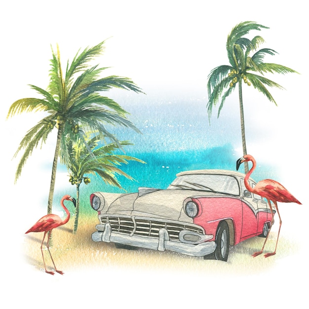 Fundo com a costa do mar oceano com coqueiros flamingos rosa e um carro retrô Ilustração em aquarela de um grande conjunto CUBA Para decoração e design do turismo de praia