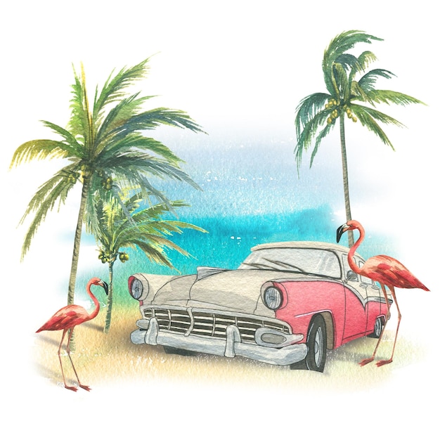 Fundo com a costa do mar oceano com coqueiros flamingos rosa e um carro retrô ilustração em aquarela de um grande conjunto cuba para decoração e design do turismo de praia