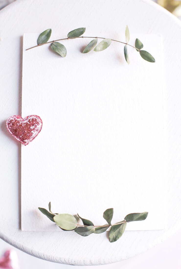 Foto fundo com espaço de cópia em branco na mesa branca com coração de purpurina, ramo de eucalipto, flores e folhas. vista superior do livro branco, configuração plana, estilo minimalista. moke up card.