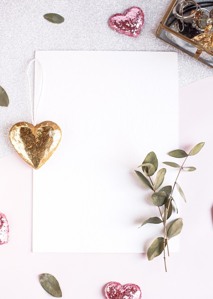 Foto fundo com espaço de cópia em branco na mesa branca com coração de purpurina, ramo de eucalipto, flores e folhas. vista superior do livro branco, configuração plana, estilo minimalista. moke up card.