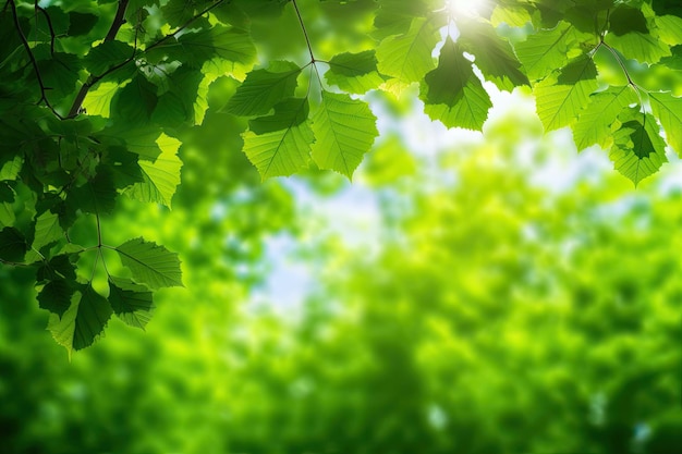 Fundo com folhas verdes iridescentes brilhantes contra um fundo de floresta e luz solar
