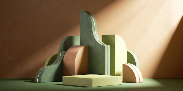 fundo com formas geométricas variadas e pódio quadrado para apresentação de produtos