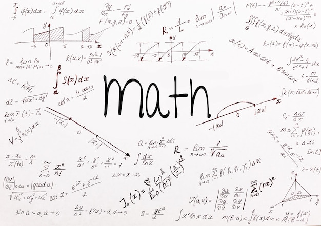 Fundo com fórmulas de geometria escritas à mão e formas geométricas e figuras.