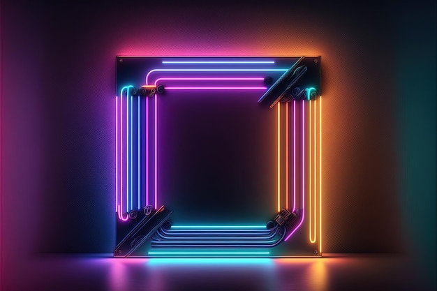 Fundo com luzes neon em formato quadrado. ilustração digital de IA